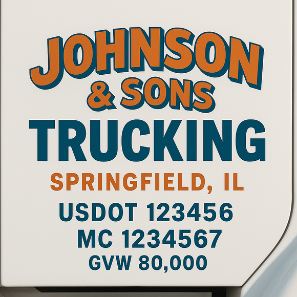 Custom Truck Door Decal Sticker Lettering Sign With Business Name, City-State, USDOT, MC, GVW, CA, KYU, VIN (Set of 2)