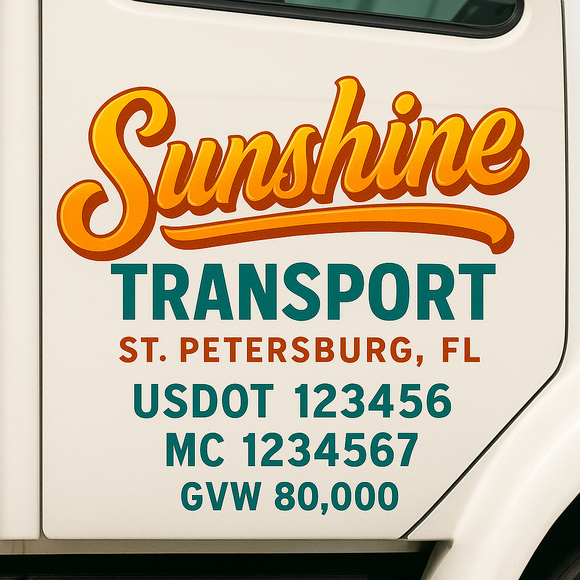 Custom Truck Door Decal Sticker Lettering Sign With Business Name, City-State, USDOT, MC, GVW, CA, KYU, VIN (Set of 2)