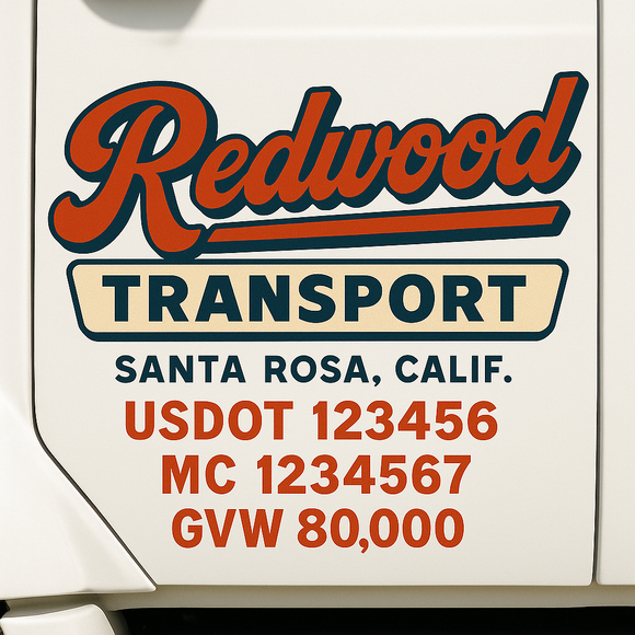 Custom Truck Door Decal Sticker Lettering Sign With Business Name, City-State, USDOT, MC, GVW, CA, KYU, VIN (Set of 2)