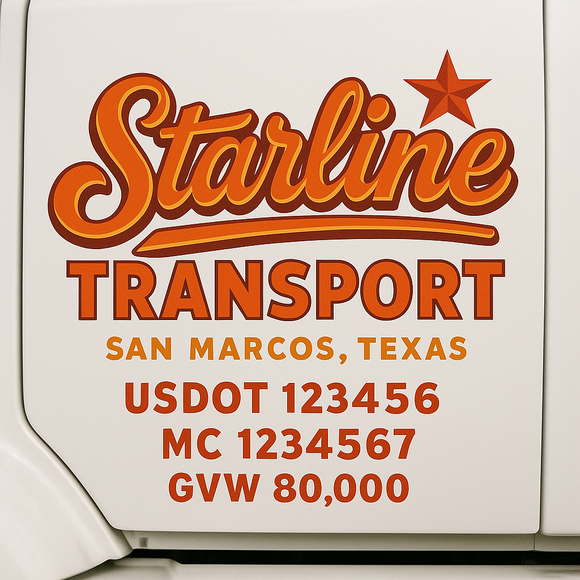 Custom Truck Door Decal Sticker Lettering Sign With Business Name, City-State, USDOT, MC, GVW, CA, KYU, VIN (Set of 2)