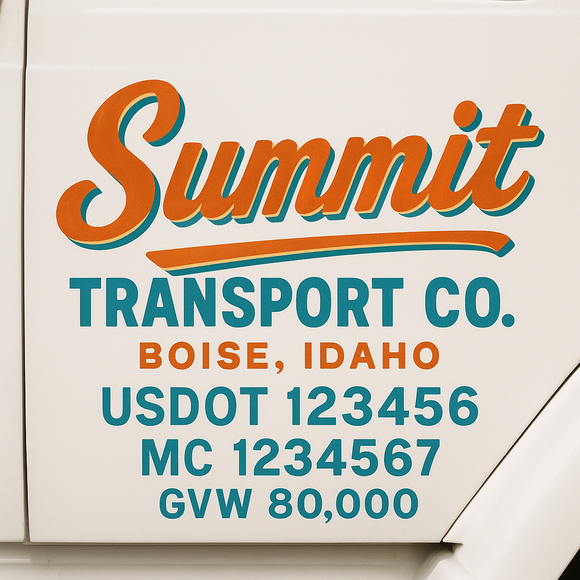 Custom Truck Door Decal Sticker Lettering Sign With Business Name, City-State, USDOT, MC, GVW, CA, KYU, VIN (Set of 2)