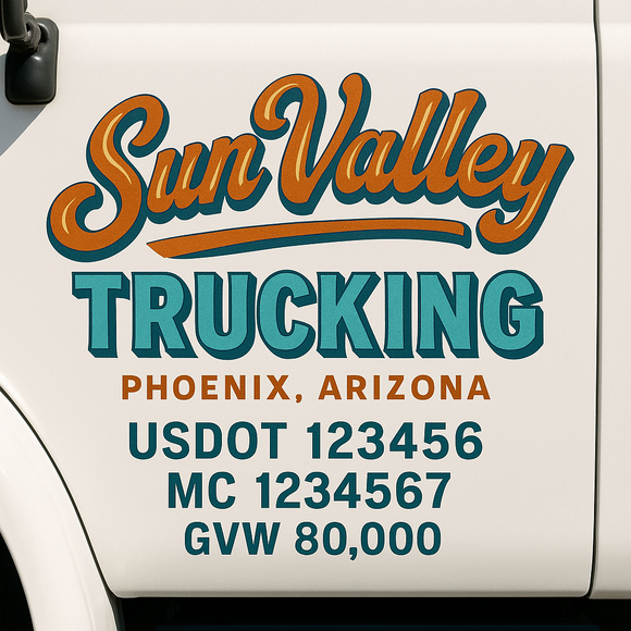 Custom Truck Door Decal Sticker Lettering Sign With Business Name, City-State, USDOT, MC, GVW, CA, KYU, VIN (Set of 2)