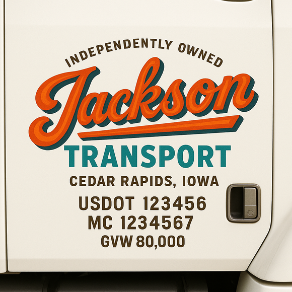 Custom Truck Door Decal Sticker Lettering Sign With Business Name, City-State, USDOT, MC, GVW, CA, KYU, VIN (Set of 2)