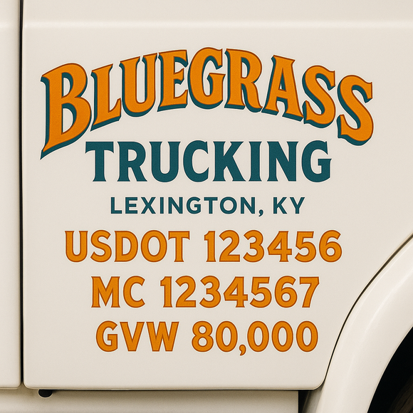 Custom Truck Door Decal Sticker Lettering Sign With Business Name, City-State, USDOT, MC, GVW, CA, KYU, VIN (Set of 2)