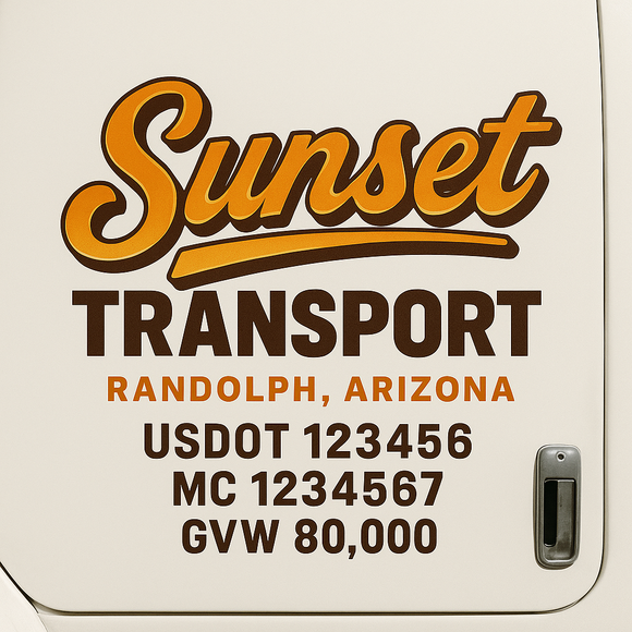 Custom Truck Door Decal Sticker Lettering Sign With Business Name, City-State, USDOT, MC, GVW, CA, KYU, VIN (Set of 2)