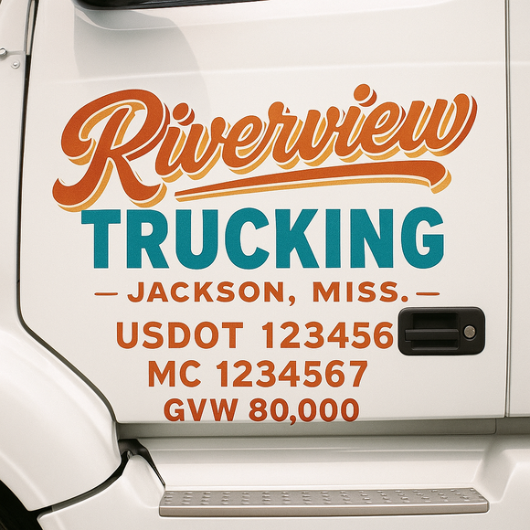 Custom Truck Door Decal Sticker Lettering Sign With Business Name, City-State, USDOT, MC, GVW, CA, KYU, VIN (Set of 2)