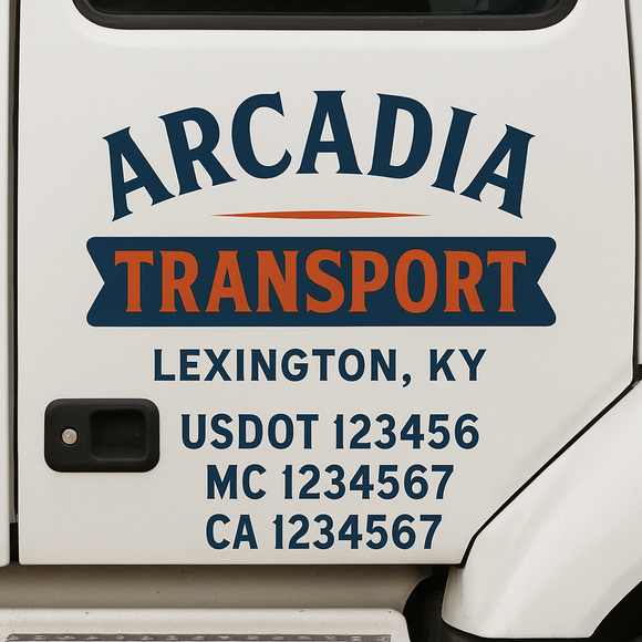 Custom Truck Door Decal Sticker Lettering Sign With Business Name, City-State, USDOT, MC, GVW, CA, KYU, VIN (Set of 2)