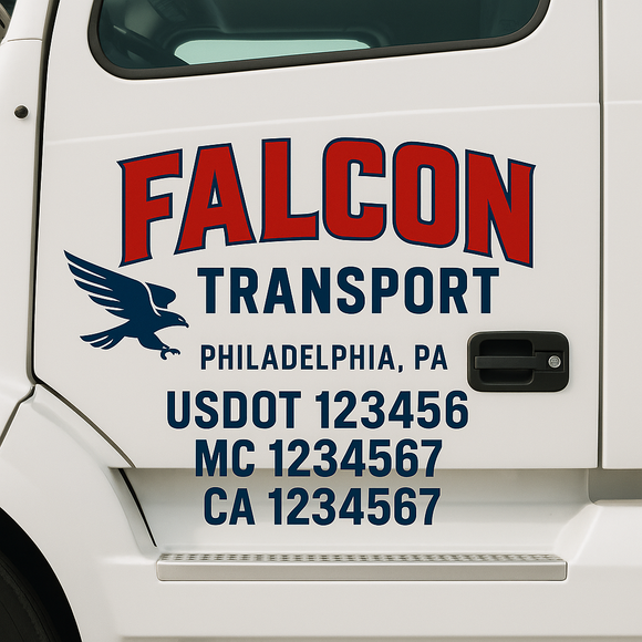 Custom Truck Door Decal Sticker Lettering Sign With Business Name, City-State, USDOT, MC, GVW, CA, KYU, VIN (Set of 2)