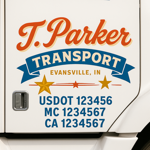 Custom Truck Door Decal Sticker Lettering Sign With Business Name, City-State, USDOT, MC, GVW, CA, KYU, VIN (Set of 2)