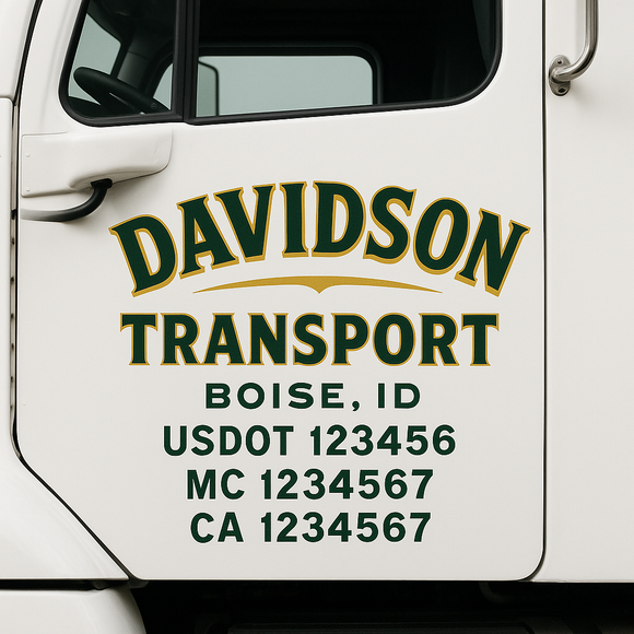 Custom Truck Door Decal Sticker Lettering Sign With Business Name, City-State, USDOT, MC, GVW, CA, KYU, VIN (Set of 2)