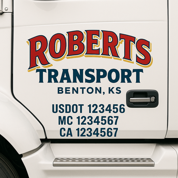 Custom Truck Door Decal Sticker Lettering Sign With Business Name, City-State, USDOT, MC, GVW, CA, KYU, VIN (Set of 2)
