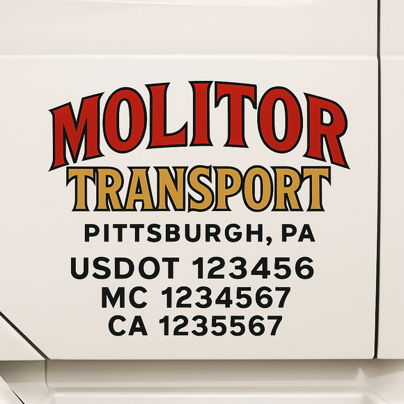 Custom Truck Door Decal Sticker Lettering Sign With Business Name, City-State, USDOT, MC, GVW, CA, KYU, VIN (Set of 2)