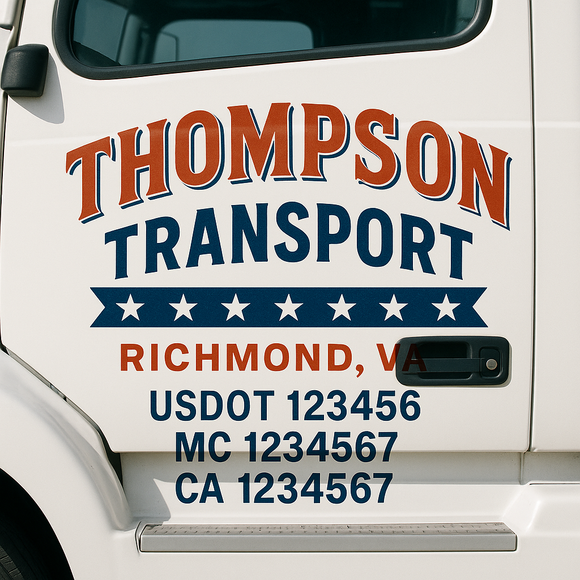 Custom Truck Door Decal Sticker Lettering Sign With Business Name, City-State, USDOT, MC, GVW, CA, KYU, VIN (Set of 2)