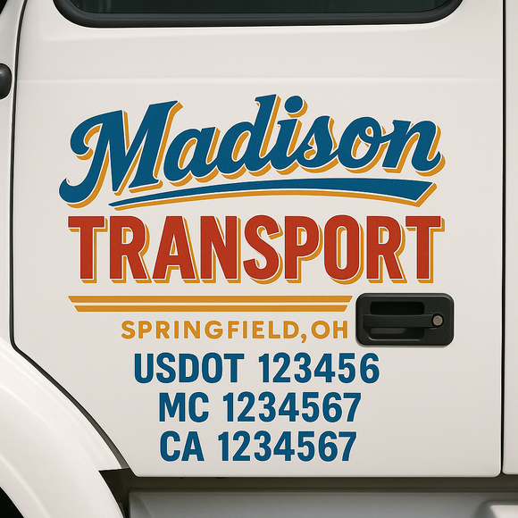 Custom Truck Door Decal Sticker Lettering Sign With Business Name, City-State, USDOT, MC, GVW, CA, KYU, VIN (Set of 2)