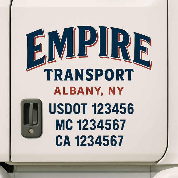 Custom Truck Door Decal Sticker Lettering Sign With Business Name, City-State, USDOT, MC, GVW, CA, KYU, VIN (Set of 2)