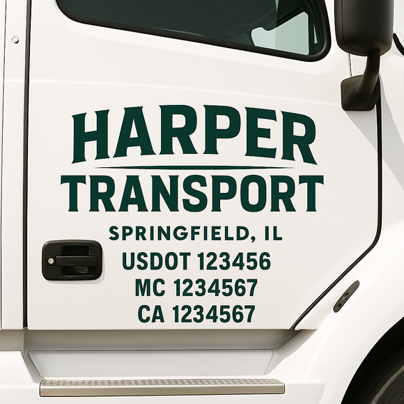 Custom Truck Door Decal Sticker Lettering Sign With Business Name, City-State, USDOT, MC, GVW, CA, KYU, VIN (Set of 2)
