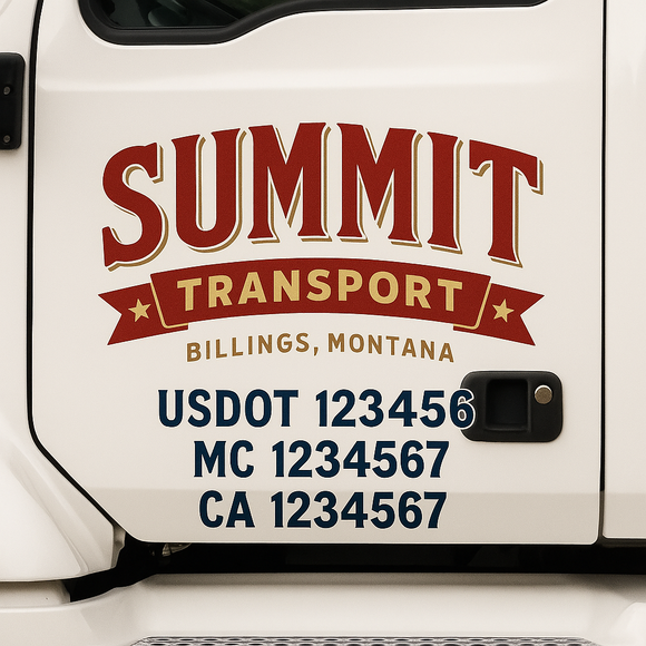 Custom Truck Door Decal Sticker Lettering Sign With Business Name, City-State, USDOT, MC, GVW, CA, KYU, VIN (Set of 2)