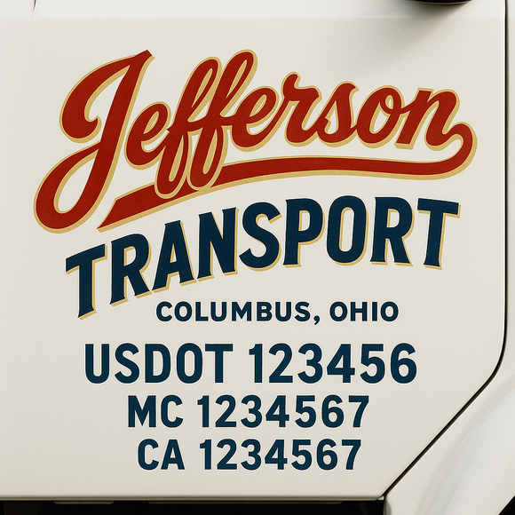 Custom Truck Door Decal Sticker Lettering Sign With Business Name, City-State, USDOT, MC, GVW, CA, KYU, VIN (Set of 2)