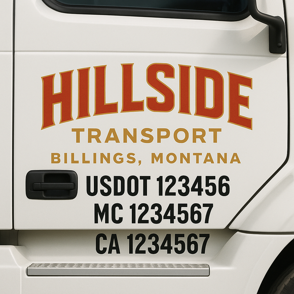 Custom Truck Door Decal Sticker Lettering Sign With Business Name, City-State, USDOT, MC, GVW, CA, KYU, VIN (Set of 2)