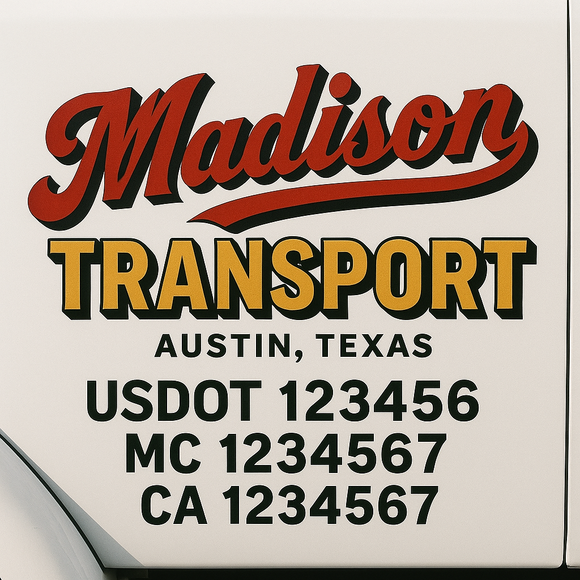 Custom Truck Door Decal Sticker Lettering Sign With Business Name, City-State, USDOT, MC, GVW, CA, KYU, VIN (Set of 2)