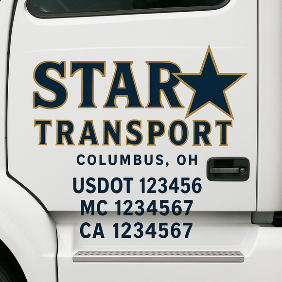 Custom Truck Door Decal Sticker Lettering Sign With Business Name, City-State, USDOT, MC, GVW, CA, KYU, VIN (Set of 2)
