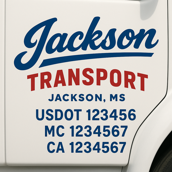 Custom Truck Door Decal Sticker Lettering Sign With Business Name, City-State, USDOT, MC, GVW, CA, KYU, VIN (Set of 2)