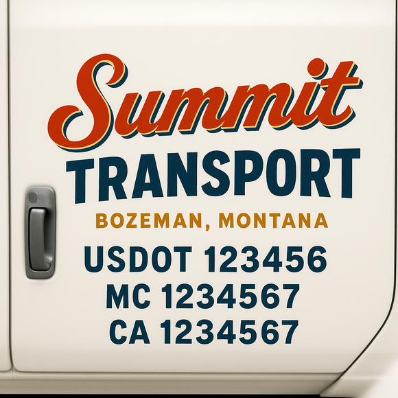 Custom Truck Door Decal Sticker Lettering Sign With Business Name, City-State, USDOT, MC, GVW, CA, KYU, VIN (Set of 2)