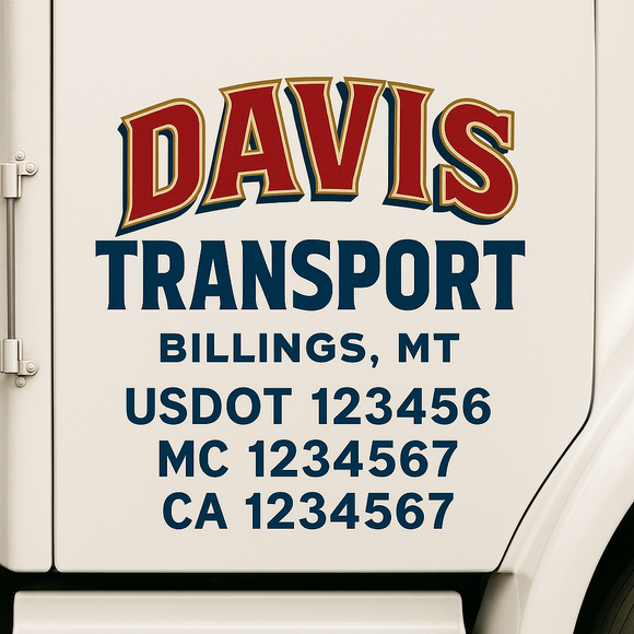 Custom Truck Door Decal Sticker Lettering Sign With Business Name, City-State, USDOT, MC, GVW, CA, KYU, VIN (Set of 2)