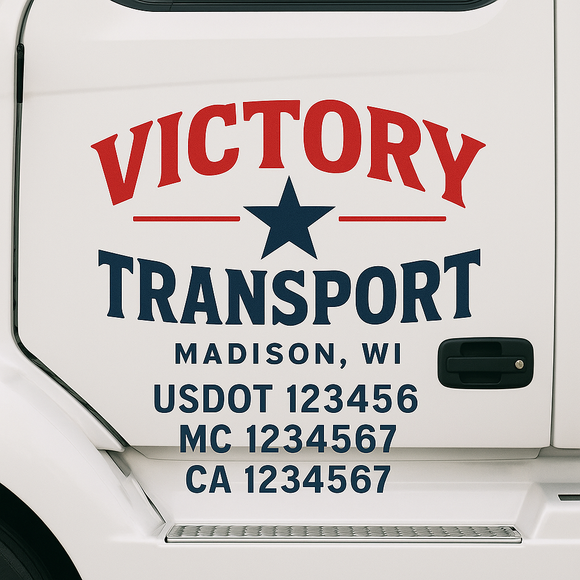 Custom Truck Door Decal Sticker Lettering Sign With Business Name, City-State, USDOT, MC, GVW, CA, KYU, VIN (Set of 2)