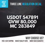 3 line regulation number decal, usdot, gvw, mc