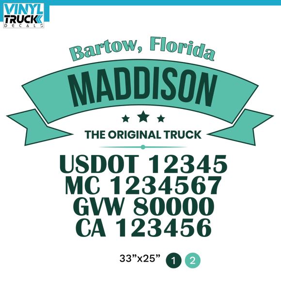 Company Name + 5 Location Or Regulation Numbers Truck Lettering Decal (USDOT, MC, GVW, CA), 2 Pack