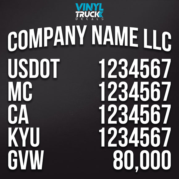 arched company name, usdot, mc, ca, kyy & gvw decal sticker