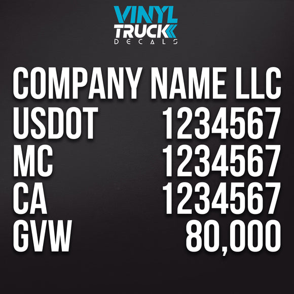 company name, usdot, mc, ca, gvw decal sticker