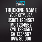 trucking company name, city, usdot, mc, kyu, ca gvw decal sticker