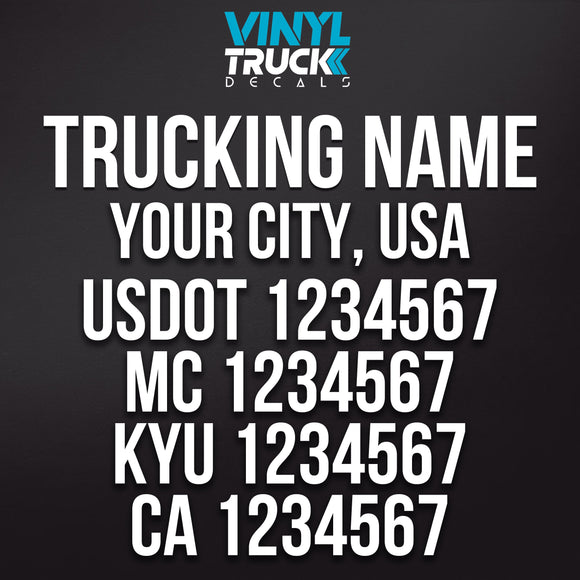 trucking name, city, usdot, mc, kyu ca number decal sticker